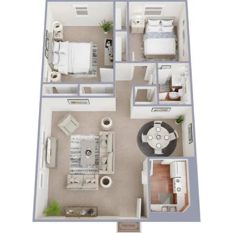 A dollhouse room with a bed, a desk, and a chair.